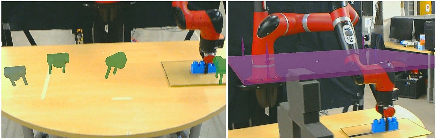 AR overlays communicate robot intent directly in the shared workspace.