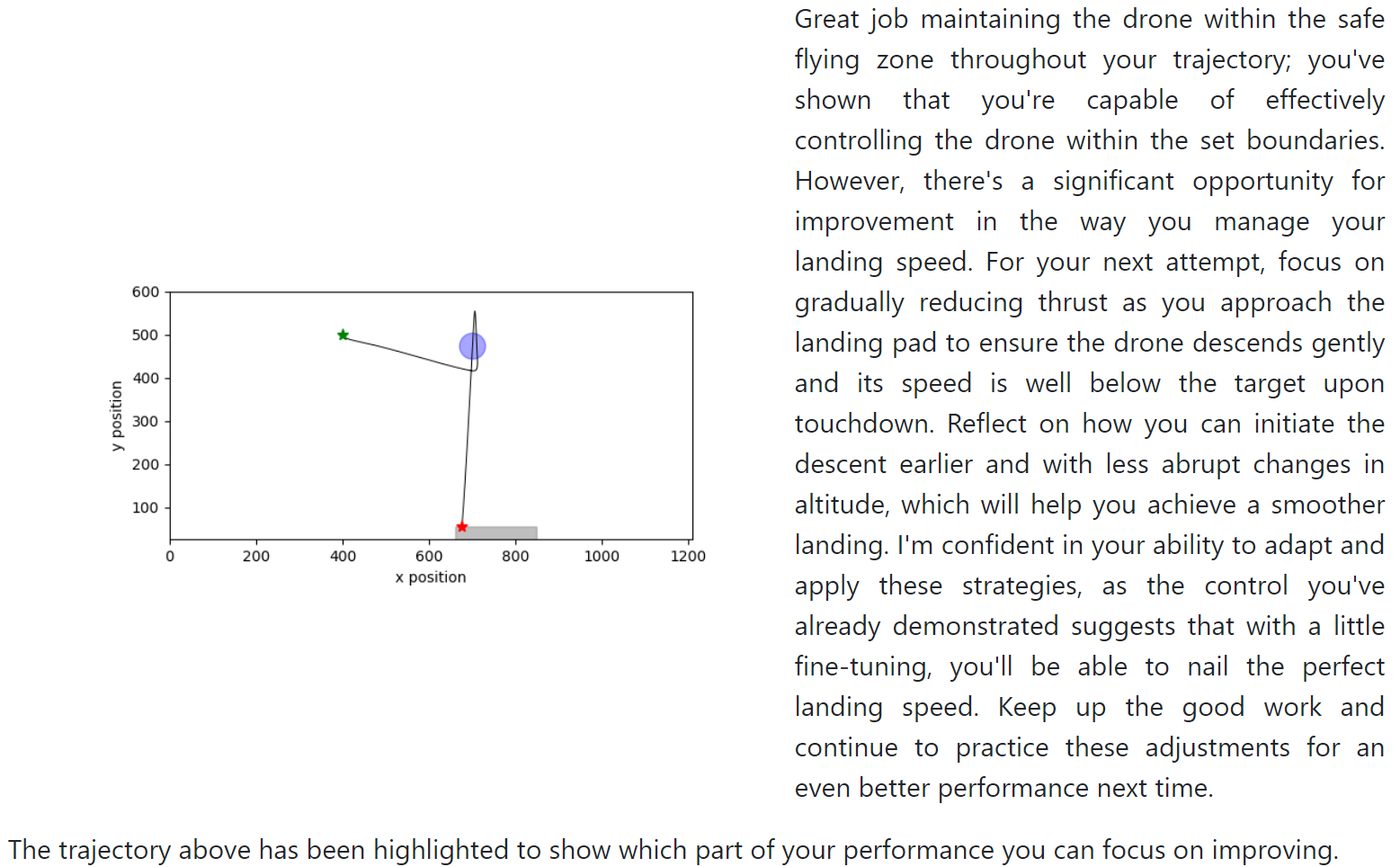 Generated feedback pinpoints the trajectory segment to improve.