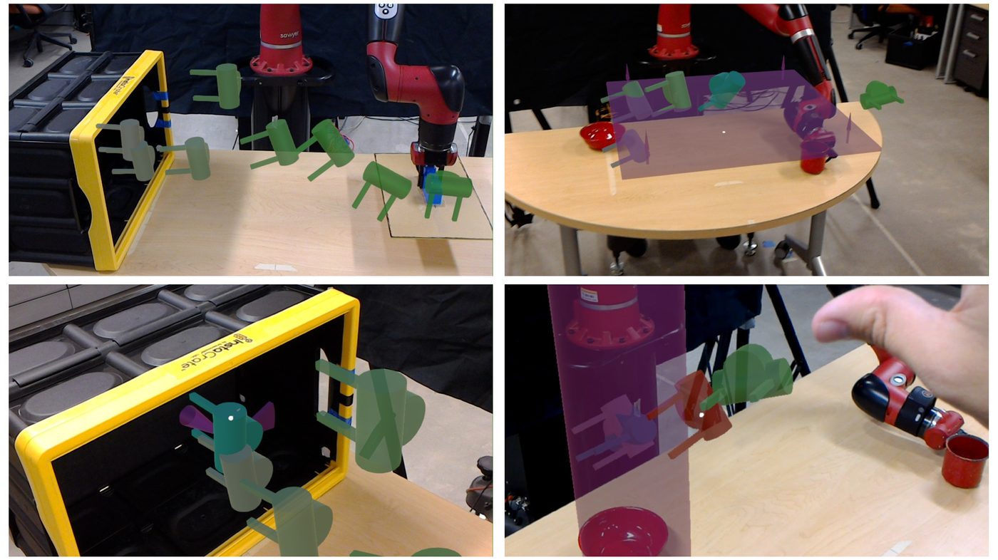 Learned keyframes and trajectories rendered in-situ, over the real workspace.